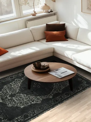 Classic Elegance: Distressed Black Rug with Vintage Patterns 5x8