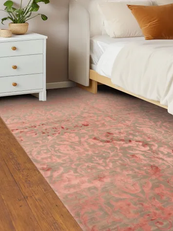 Sophisticated Beige Rug with Coral Damask Accents 5x8