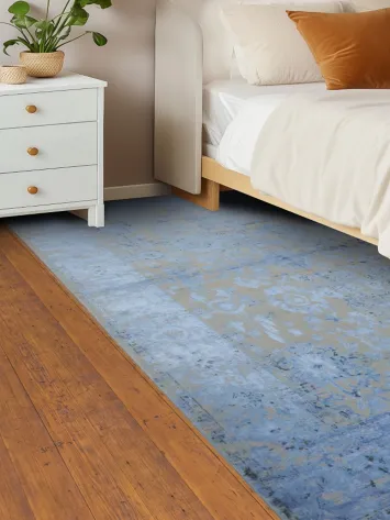Chic Blue and Gold Distressed Rug Ideal for Modern Interior Design 5x8