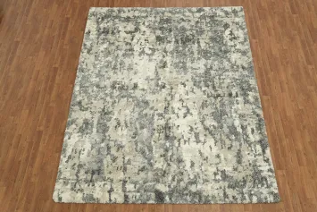 Elegant Gray & Cream Distressed Look Shag Rug with Intricate Abstract Design 8x10
