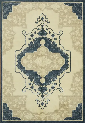 Elegant Beige and Navy Medallion Rug for Stylish Dining 6x9