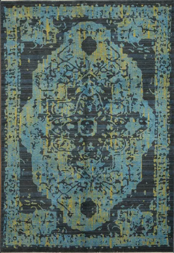 Bold Blue Gold Medallion Design Vintage-Inspired Rug 6x9