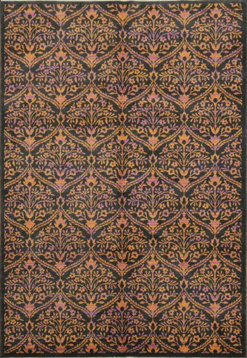 Designer Black Rug with Ornate Orange and Purple Patterns 6x9