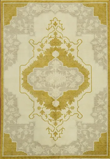 Classic Decor Enhancement: Beige and Gold Ornate Rug 6x9