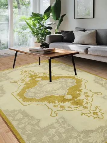 Classic Decor Enhancement: Beige and Gold Ornate Rug 6x9