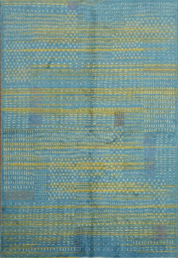 Sophisticated Nordic Design Blue Rug with Yellow Accents 6x9