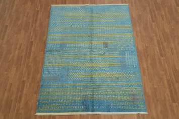 Sophisticated Nordic Design Blue Rug with Yellow Accents 6x9