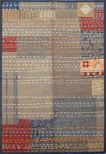 Artisan Patchwork Rug with Stitched Detailing and Colorful Squares 6x9