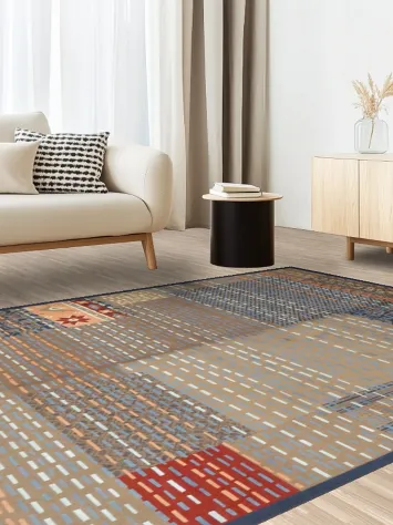 Artisan Patchwork Rug with Stitched Detailing and Colorful Squares 6x9