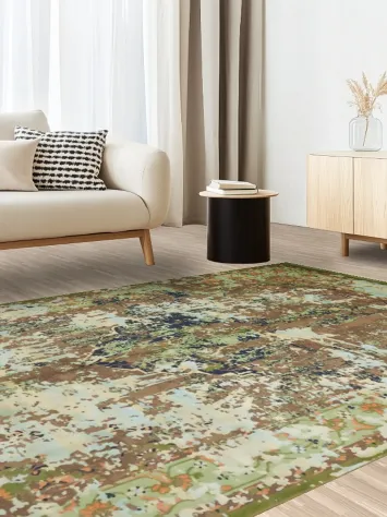 Distressed Green Bohemian Rug with Earthy Tones and Vintage Appeal 6x9