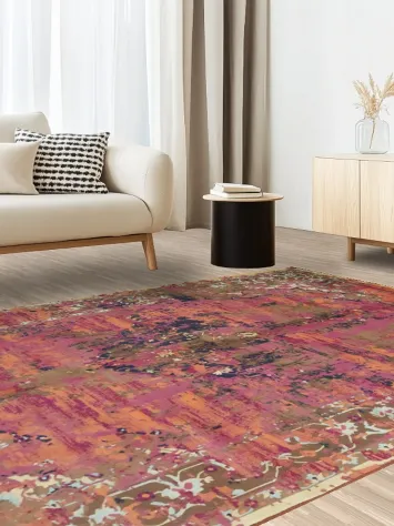 Artistic Pink and Orange Area Rug with Ornate Patterns 6x9