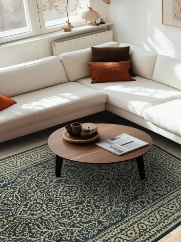 Sophisticated Charm in Navy: Classic Ornamental Turkish Area Rug 6x9