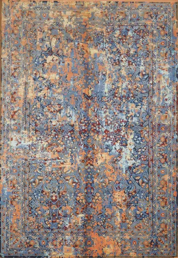 Elegant Abstract Blue and Orange Wash Rug for Modern Interiors Turkish 6x9