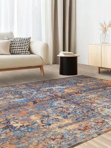 Elegant Abstract Blue and Orange Wash Rug for Modern Interiors Turkish 6x9