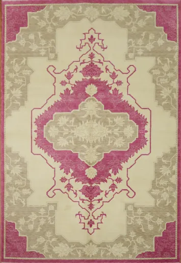 Fuchsia Pink and Beige Medallion Rug for Elegant Living Rooms 6x9