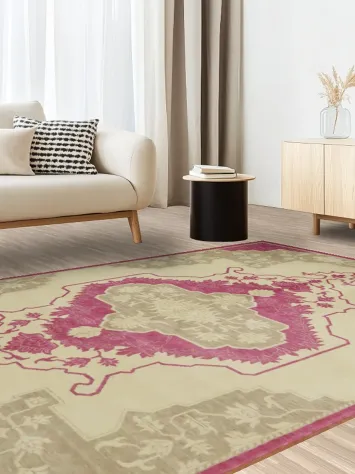 Fuchsia Pink and Beige Medallion Rug for Elegant Living Rooms 6x9