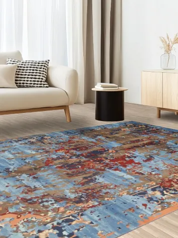 Vibrant Contemporary Rug with Blue, Orange, and Bronze Tones 5x8