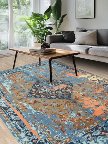 Elegant Distressed Rug in Blue and Orange for Stylish Homes 6x9