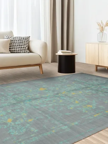 Abstract Grey Blue, turquoise and mustard yellow Modern Rug 7x10