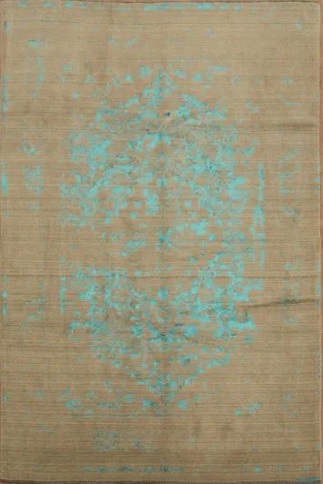 Vintage Charm: Rustic Brown Rug with Distressed Blue Motif 6x9