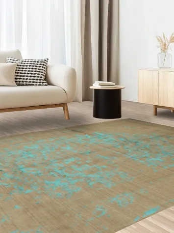 Vintage Charm: Rustic Brown Rug with Distressed Blue Motif 6x9