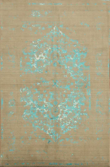 Abstract Light Brown Rug with Distressed Turquoise Blue Design 7x10