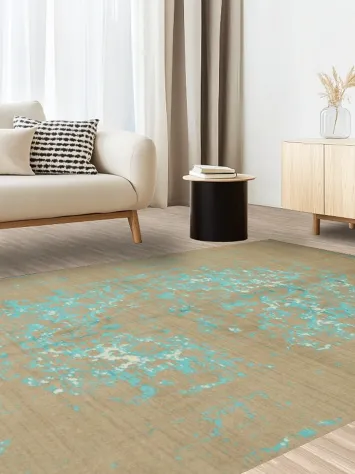 Abstract Light Brown Rug with Distressed Turquoise Blue Design 7x10