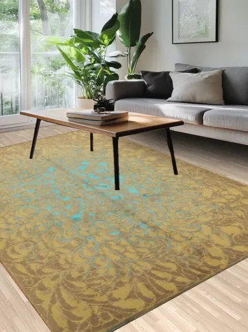 Stylish Rug with Golden Background and Blue Decorative Patterns 6x10