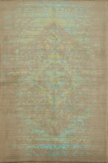 Vintage-Inspired Teal Rug with Intricate Patterns on Beige Background 6x10