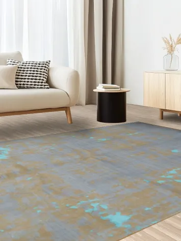Modern Art Inspired Blue and Beige Floor Rug 6x10