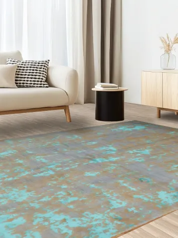 Elegant Turquoise and Tan Textured Distressed Designer Rug 6x10
