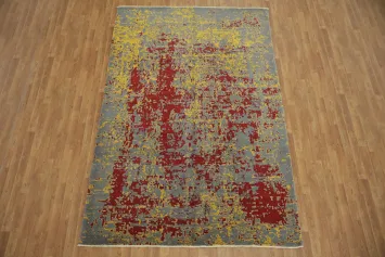 Unique Textured Grey Rug with Vivid Red and Yellow Accent Design 7x10