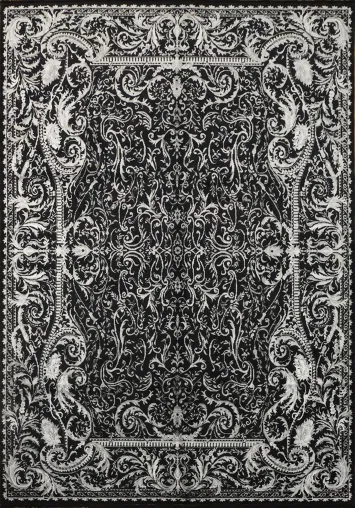Luxurious Baroque Inspired Black Rug with Intricate White Detailing 7x10