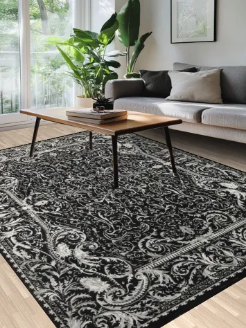 Luxurious Baroque Inspired Black Rug with Intricate White Detailing 7x10
