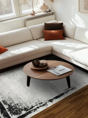 Stylish Distressed Black Edged Rug in Minimalist Design