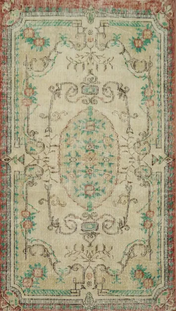 Aubusson Designed Vintage Distressed Anatolian Turkish Area Rug 4x7