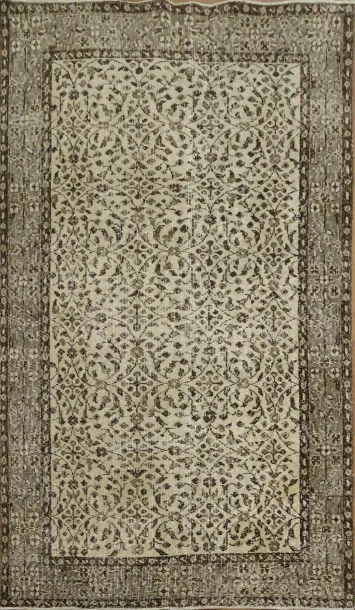 Vintage Distressed Wool Floral Turkish Area Rug 4x7