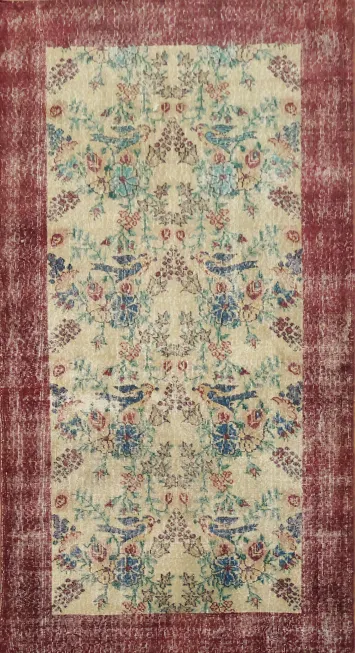 Animal Pictorial Vintage Distressed Turkish Area Rug 4x7