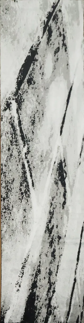 Modern Black and White Abstract Runner Rug with Grey Highlights 3x10 ft