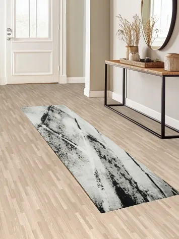 Modern Black and White Abstract Runner Rug with Grey Highlights 3x10 ft