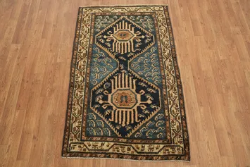 Vintage Geometric Patterned Blue Wool Malayer Rug 3x5