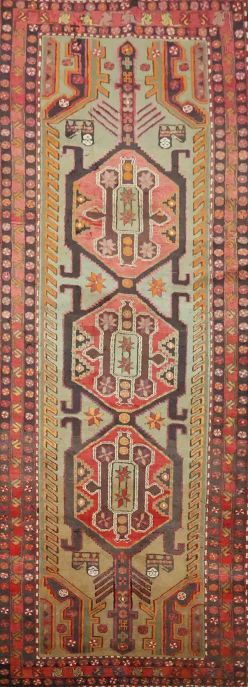 Geometric Wool Green Ardebil Persian Runner Rug 4x11