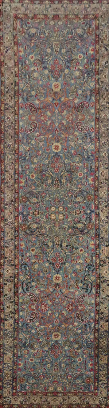 Vintage Blue Floral Wool Kashan Persian Runner Rug 3x10