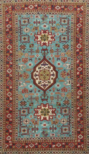 Blue Geometric Wool Antique Kazak Oriental Rug 5x8