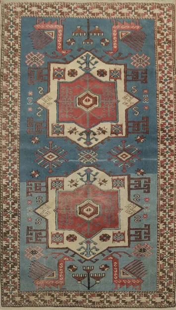 Blue Vintage Wool Kazak Oriental Rug 3x6