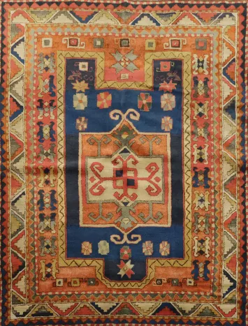 Geometric Blue Kazak Oriental Rug 4x5