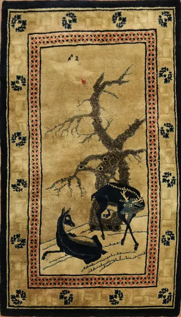 Antique Animal Pictorial Wool Art Deco Chinese Rug 3x6
