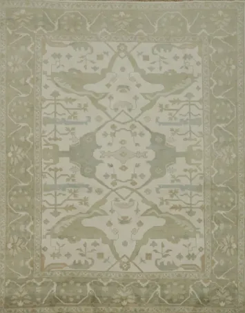 Traditional 8x10 Ivory and Light Green Oushak Hand-Knotted Area Rug