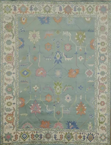 9x12 Traditional Aqua Blue Oushak Rug | Hand-Made Wool Oriental Area Rug