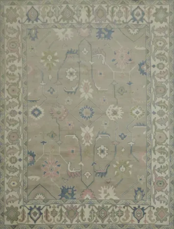 9x12 Oushak Wool Rug | Muted Green & Ivory Traditional Area Rug